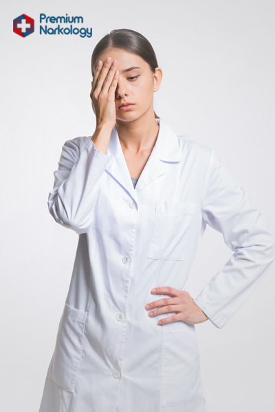 Женщина врач в белом халате прикладывает руку к лицу